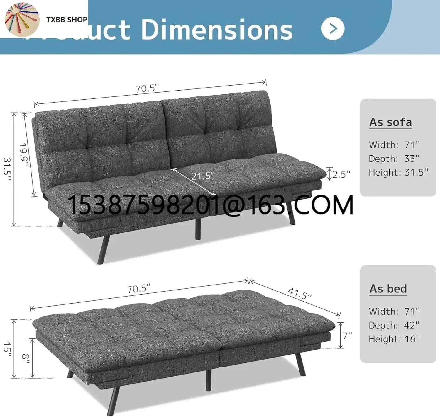 Folding Beds Memory Foam Foldable Couch Convertible Loveseat Sleeper Daybed with Adjustable Armrests for Small Space Studio