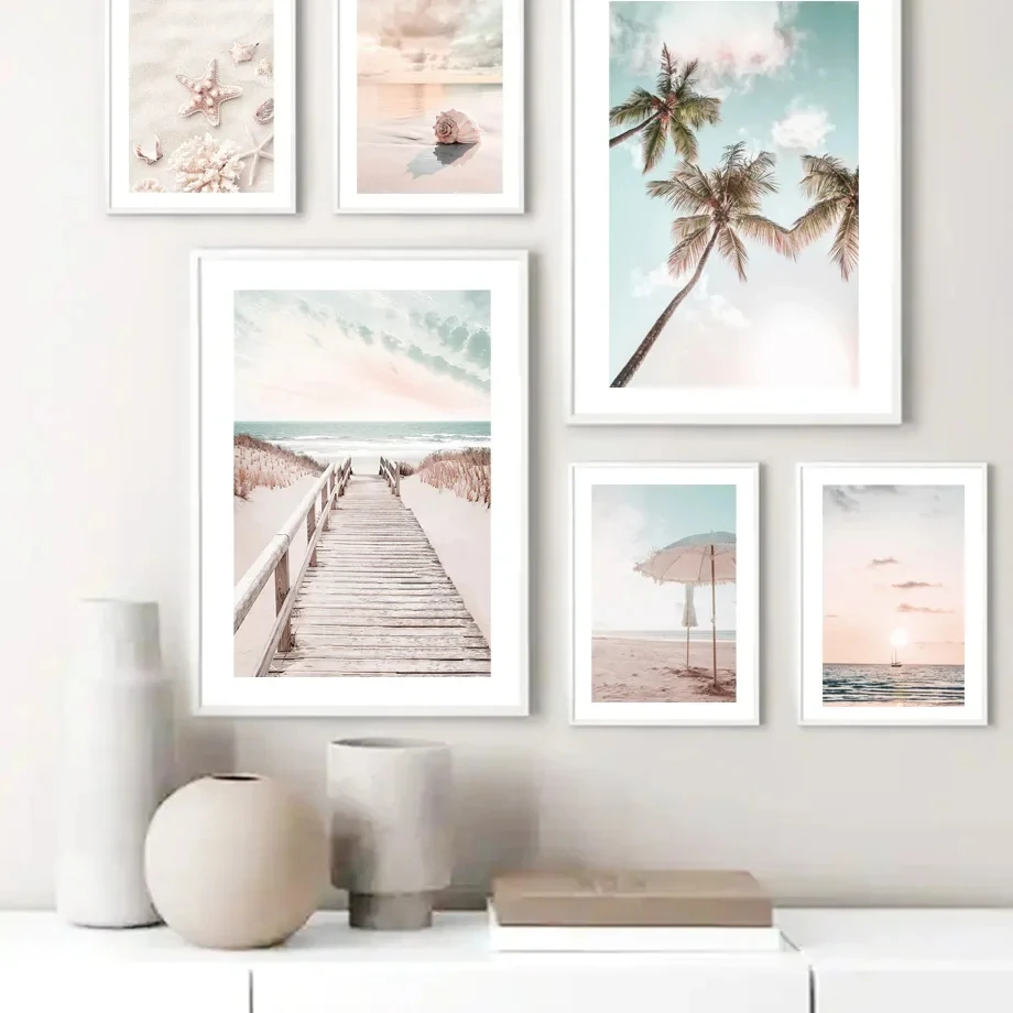 Pink Starfish Ocean Sunset Dock Coconut Tree Wall Art Oil PaintingNordic Posters and Prints Living Room Decoration Wall Painting