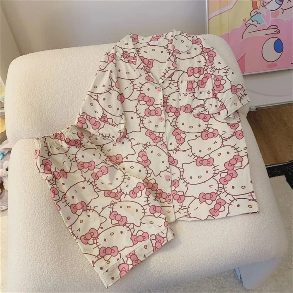 Sanrios Hello Kitty Short Section Ladies Pyjamas Set Pyjamas Women Summer Kawaii Cartoon Loose Pajamas Pajama Trousers Set