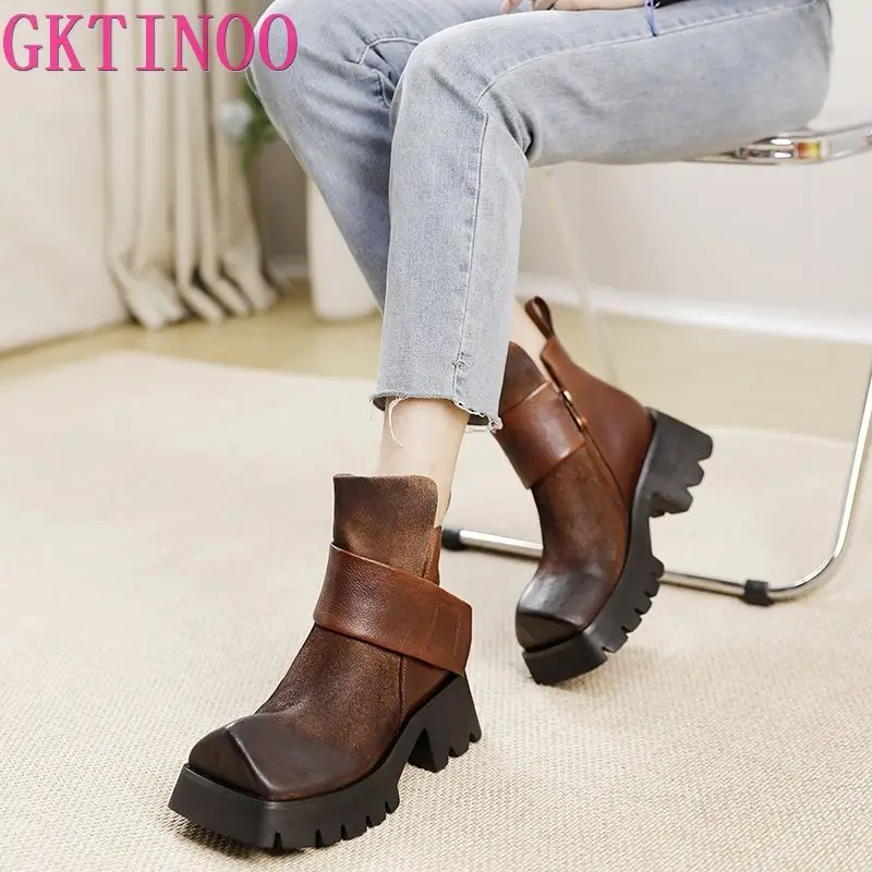 GKTINOO 2024 Retro Genuine Leather Thick Soled Platform Shoes Autumn New Square Toe Solid Color Versatile Women Shoes Rozmiar 35-41