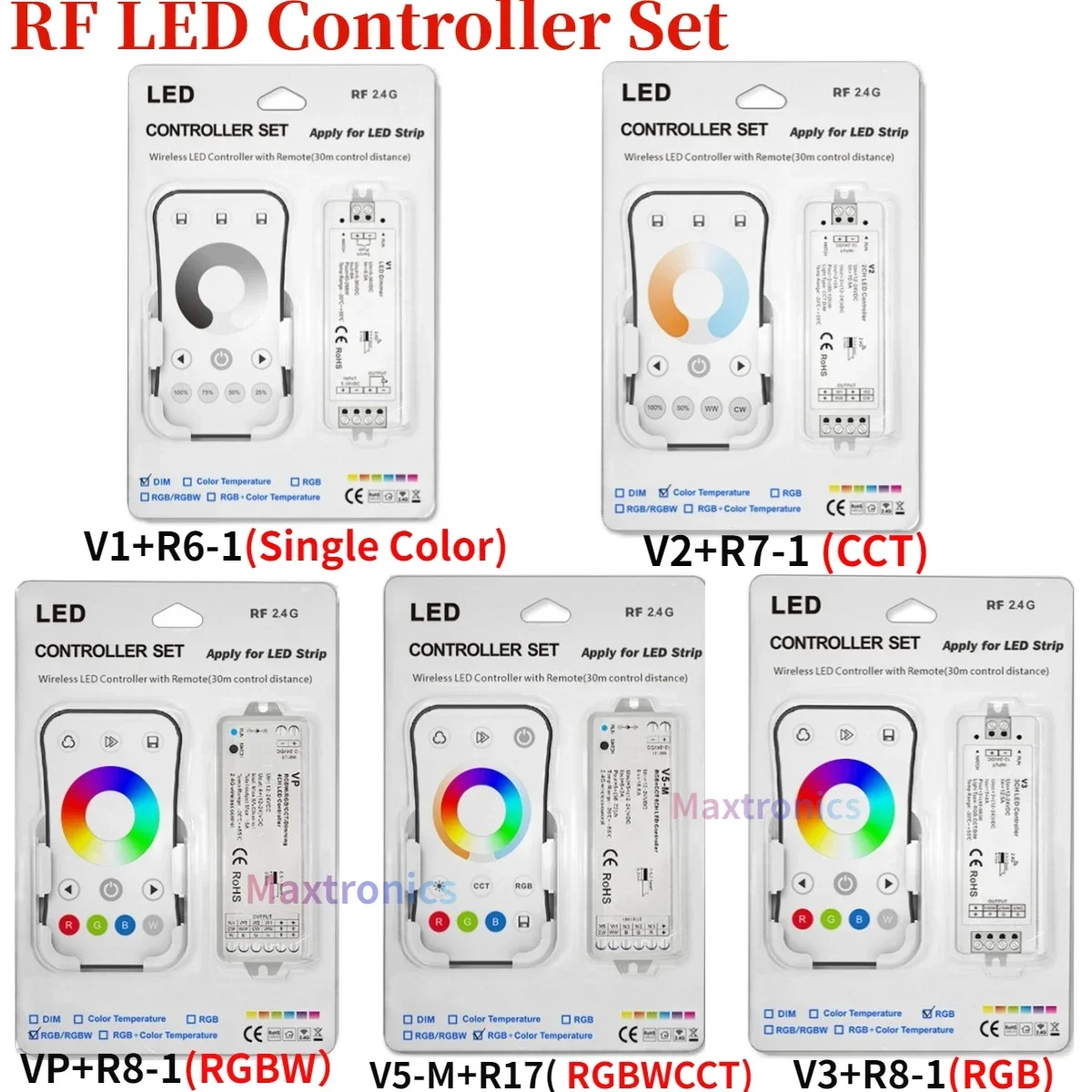 

Skydance RF LED Controller Set V5-M + R17/V1 R6-1/V2 R7-1/ V3 R8-1 3A*5CH for RGB+CCT/RGBW/Single Color LED Strip Light DC12-24V