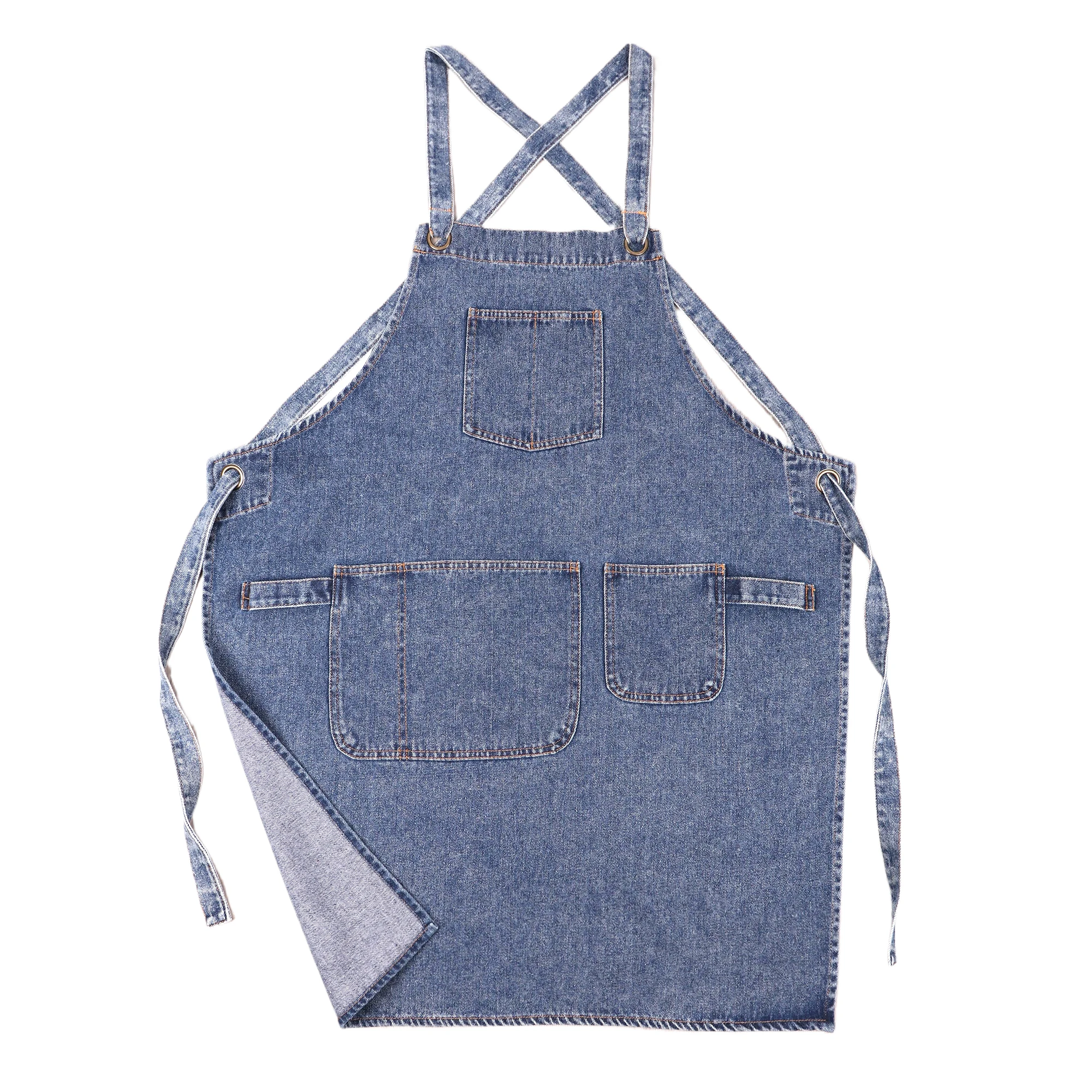 

Denim Apron with Pockets and Adjustable Cross Straps for Hair Stylist Gardening Hairdresser Chefs Men Women Work Jean Aprons