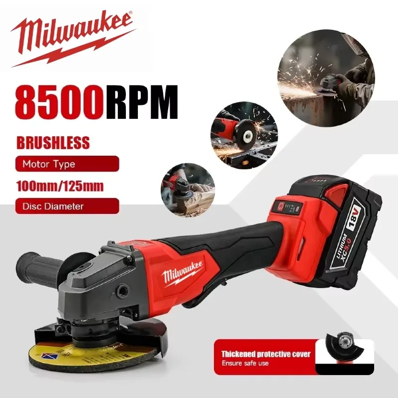 Milwaukee 125MM Angle Grinder Polishing Cutting Machine Grinder Paddle Switch No-Lock High Power Electric Cordless Power Tools