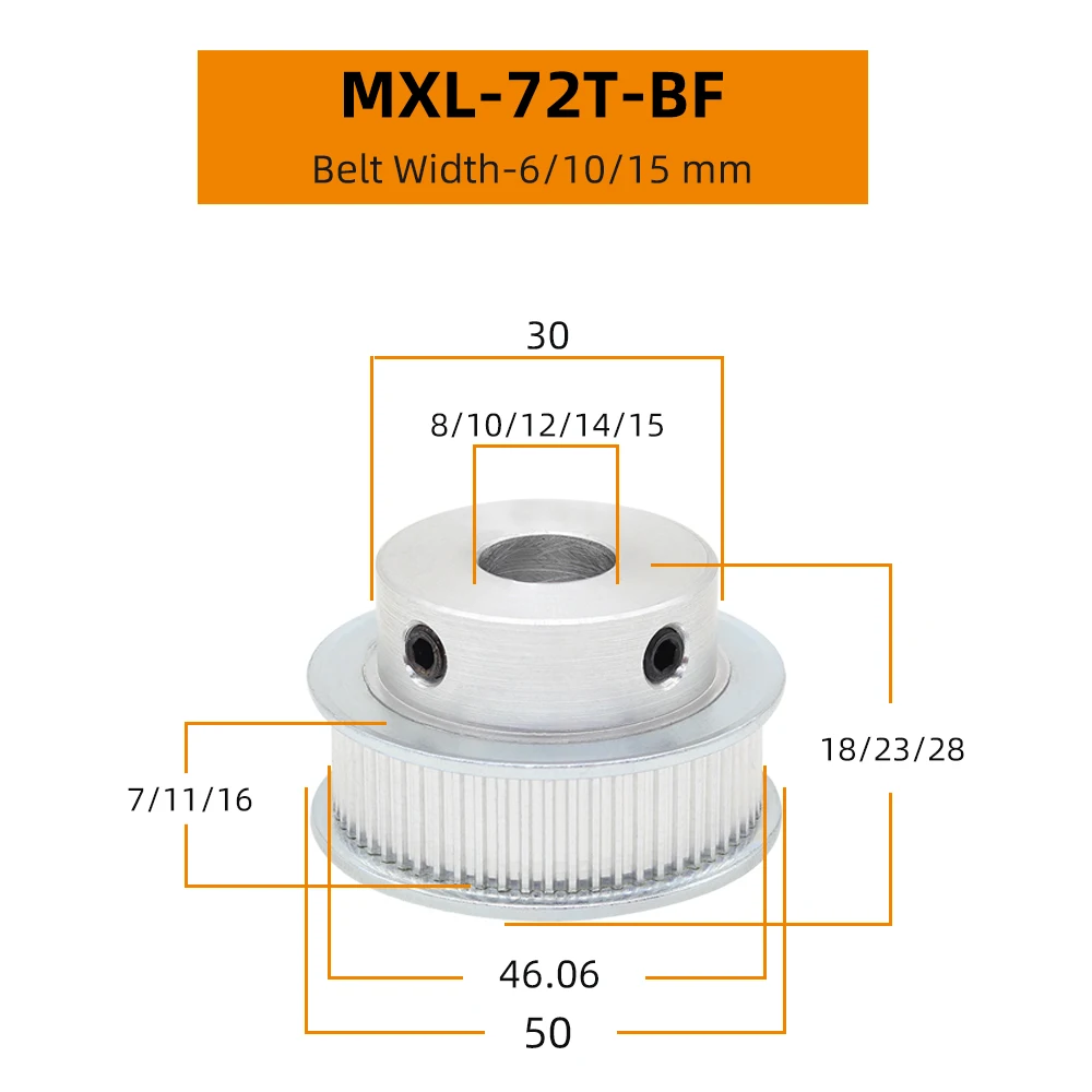 MXL 72T 75T Belt Pulley Bore 8/10/12/14/15 mm Alloy Pulley Teeth Pitch 2.032 mm BF Shape For Width 6/10/15 mm MXL Timing Belt