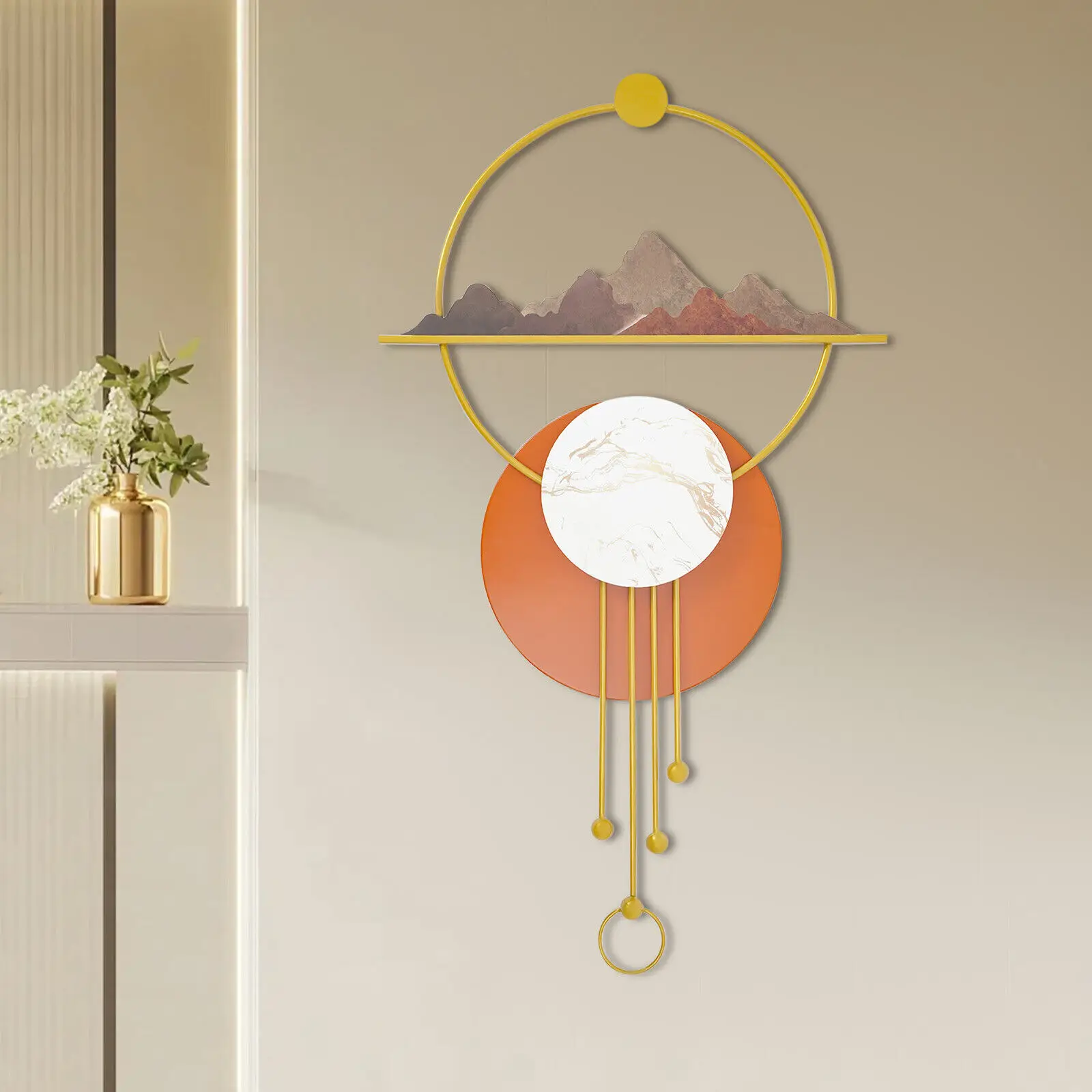 Decoración de pared de metal de paisaje oriental, obra de arte hecha a mano de puesta de sol de montaña, escultura de pared de gran escala para la oficina en casa