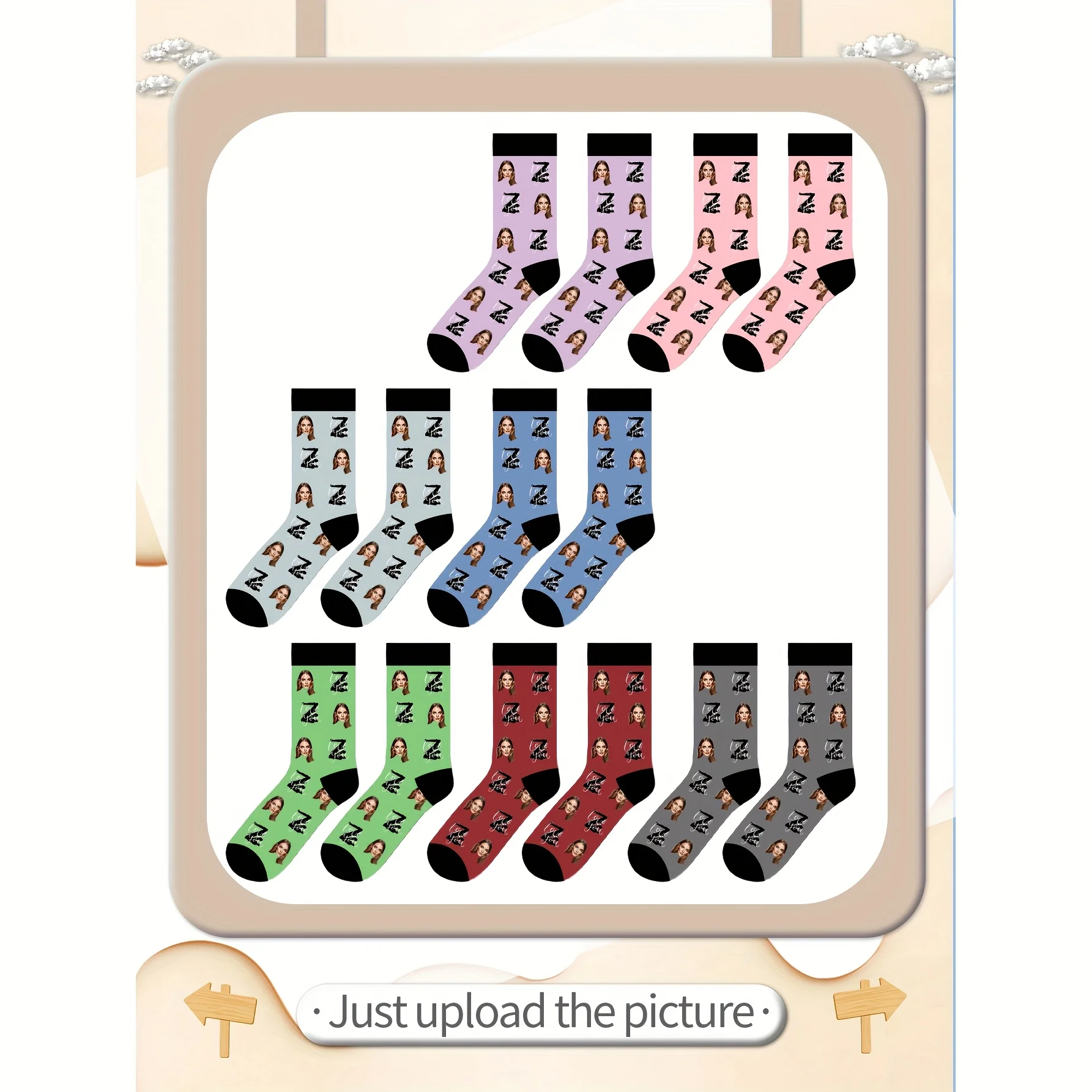 1 pair (single and double packaging) personalized photo couple customized socks-socks with customizable head, printed with your
