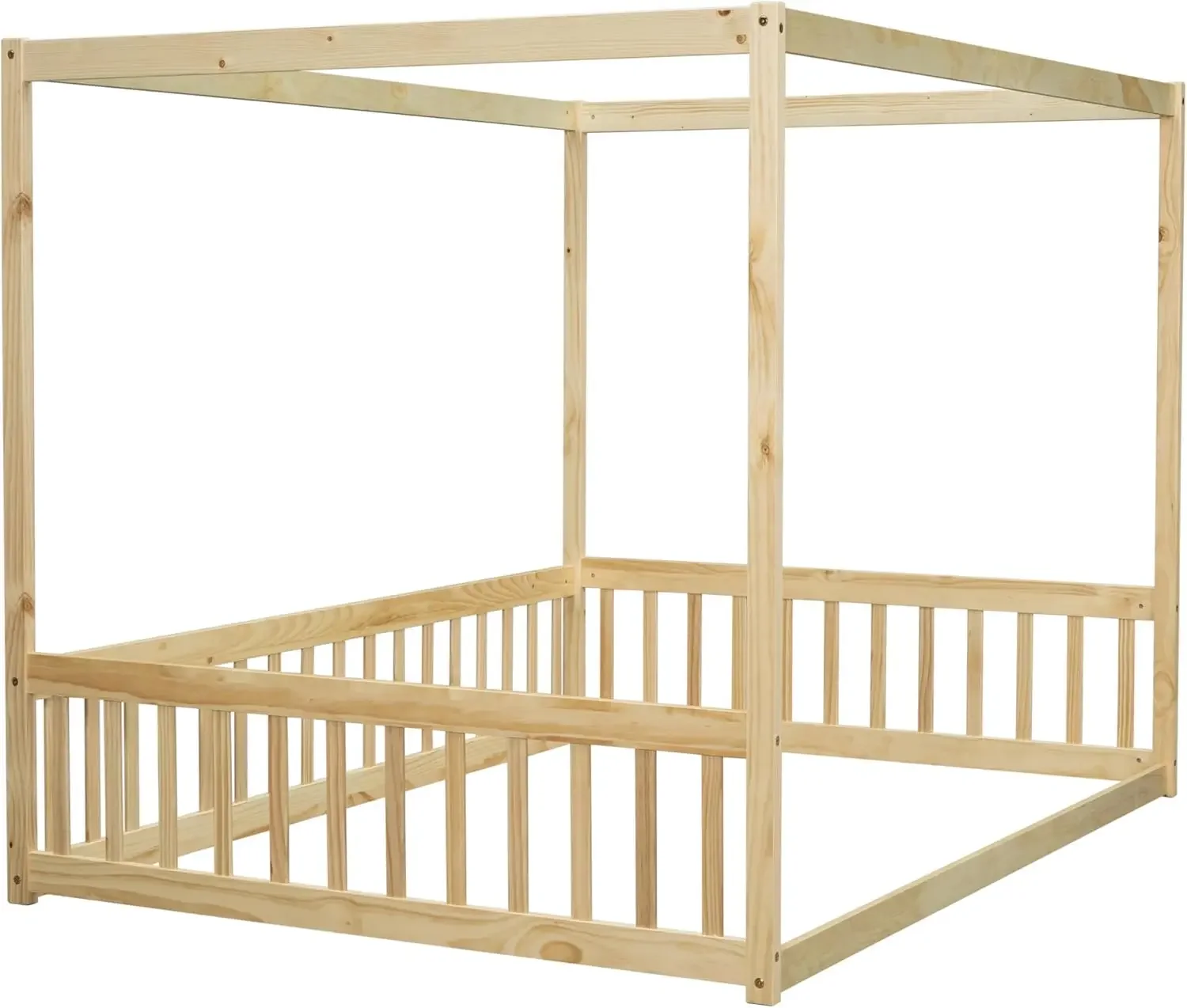 Maat hemelbedframe met leuningen voor kinderen, vloerbed vol met vier posterontwerpen, kinder Montessori vloerbed, houten hemelbed