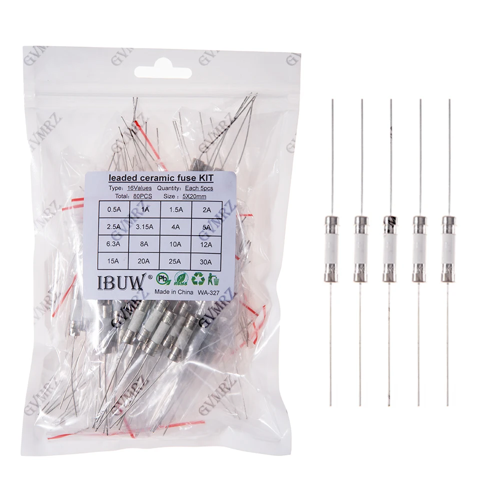80PCS 16Values 5x20mm Leaded Ceramic Fuse Kit for Electronics Circuit Protection Projects 5x20 16Values
