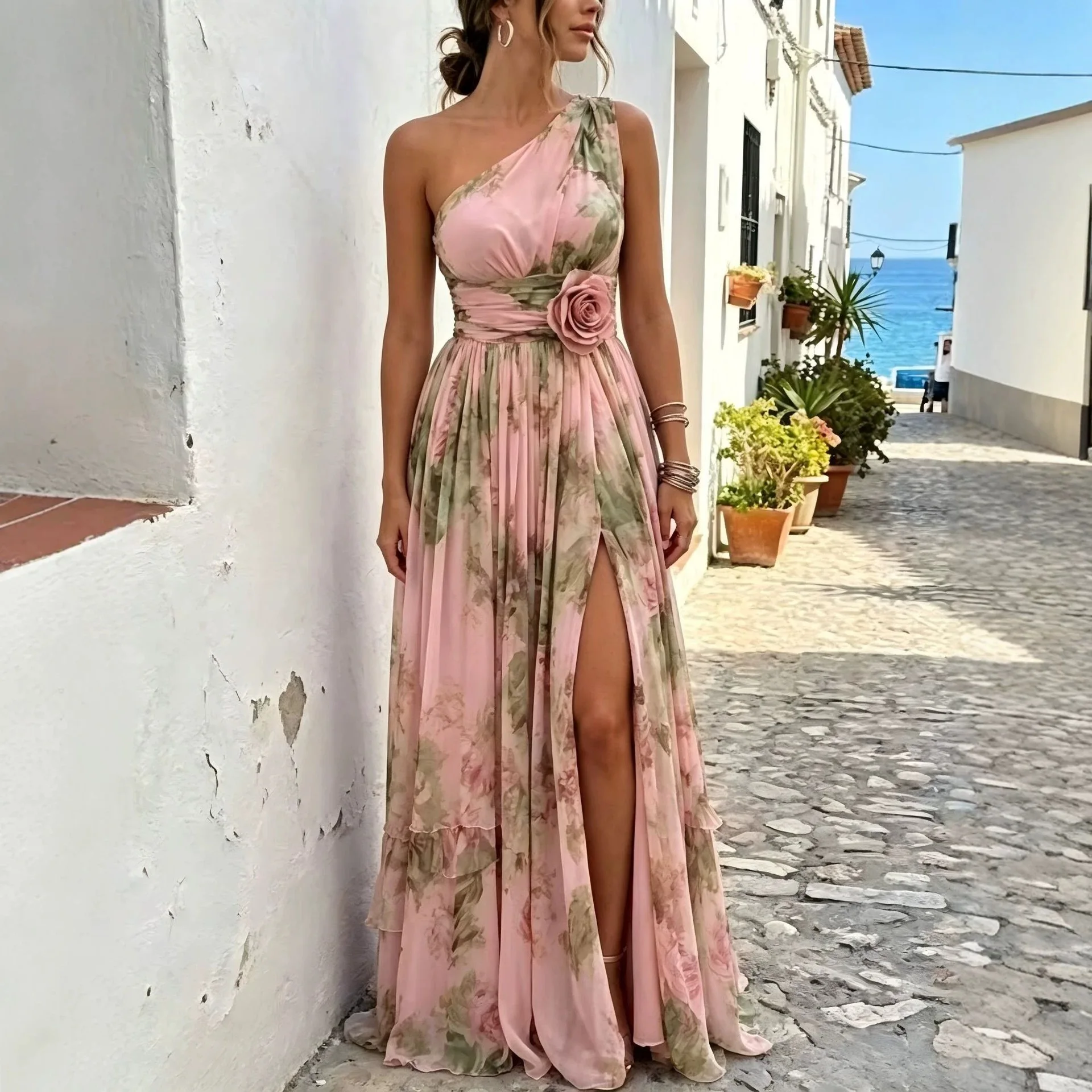 Women's Off-shoulder Printed Chiffon. Dress, High-waisted With A Three-dimensional Rose Design, A Fixed Waist, A Flared Skirt