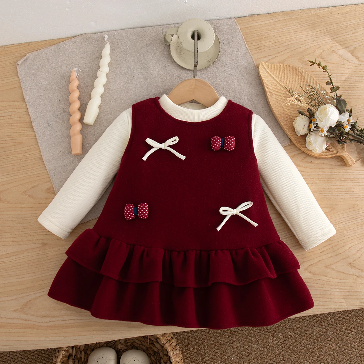 Christmas New 2pc Autumn/Winter Girl Dress Set With Velvet Long Sleeve Top + Vest Dress Sweet Daily Outing Style Children's Set