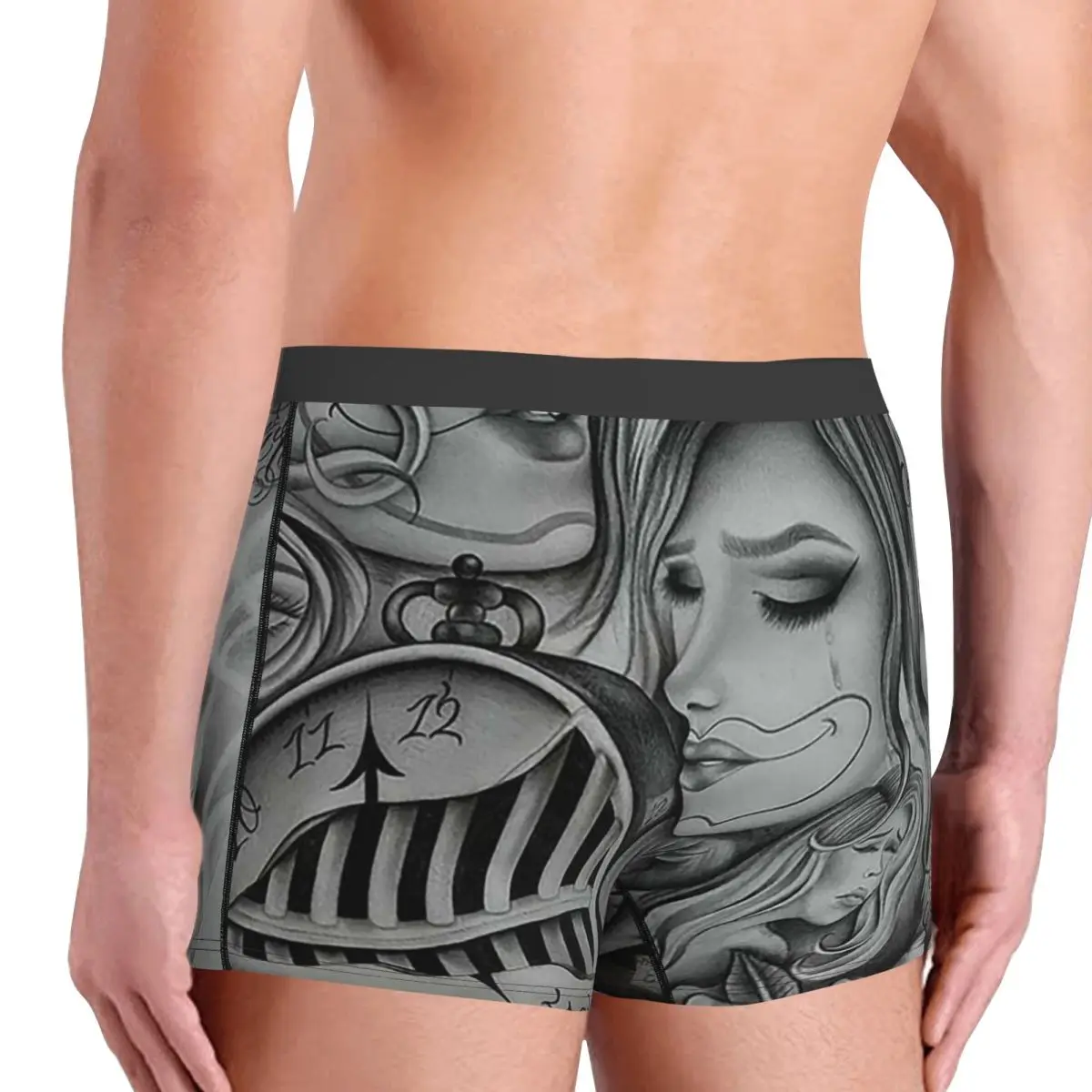 복서 팬티 반바지 슬픈 눈 초라 광대, 치카노 아트, 블랙 앤 그레이 아트 팬티 남성용 통기성 속옷