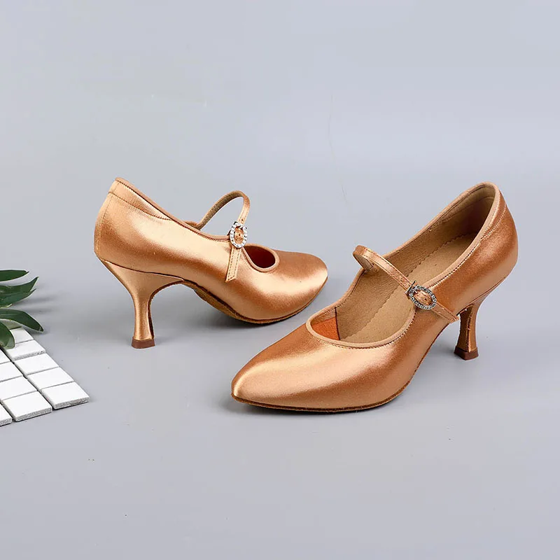 Women Ballroom Dance Shoes Rhinestone BD137 MOON Tan Satin High Heel Ladies Standard Dancing Shoes Anti-Slip Outsole Dancesport