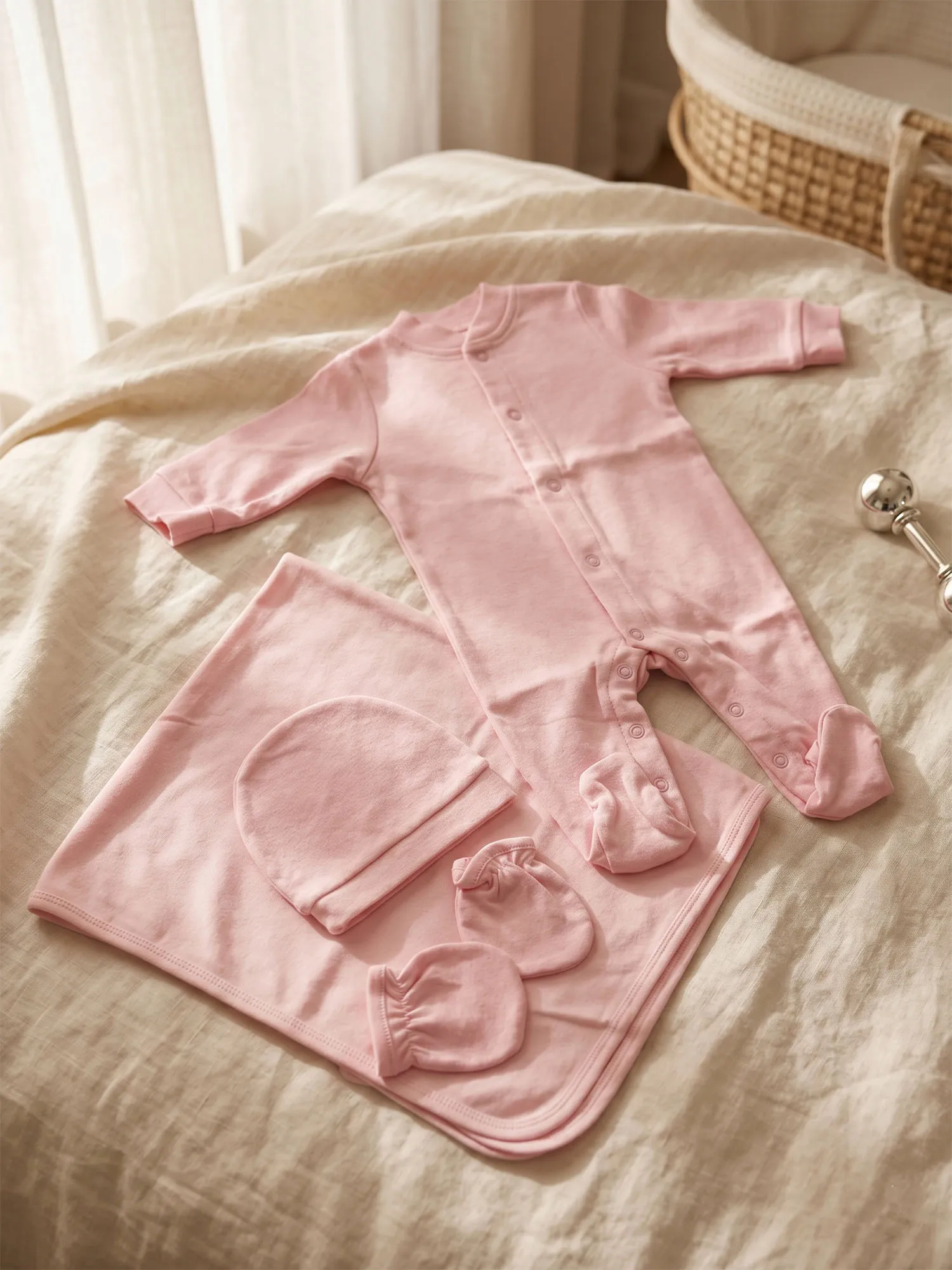 Minimal Light Pink Newborn Basic 4 Pieces Soft Cotton Stand Collar Top Hat Anti Scratch Gloves Wrap Cloth