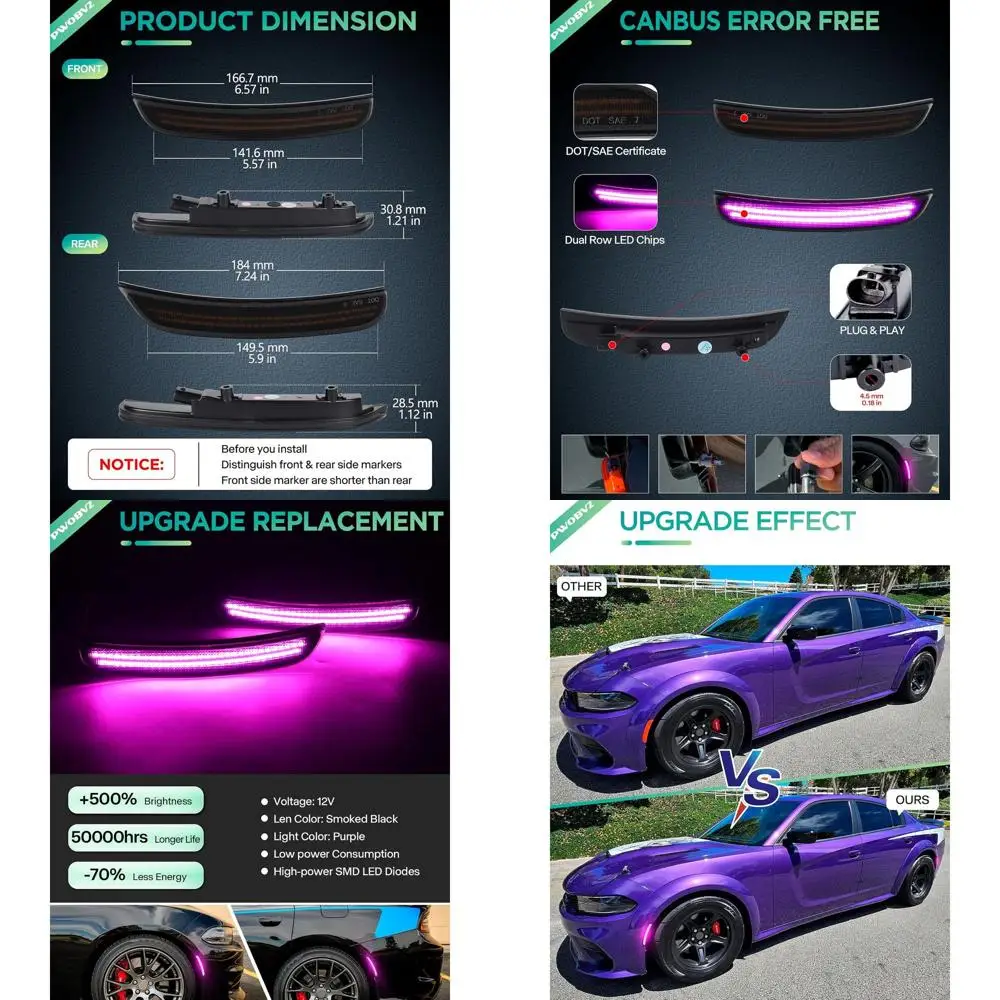 

Smoked Lens Pink Purple LED Side Marker Lights for 2015-2023 Dodge Charger, 4-Pack Front & Rear Bumper Reflectors