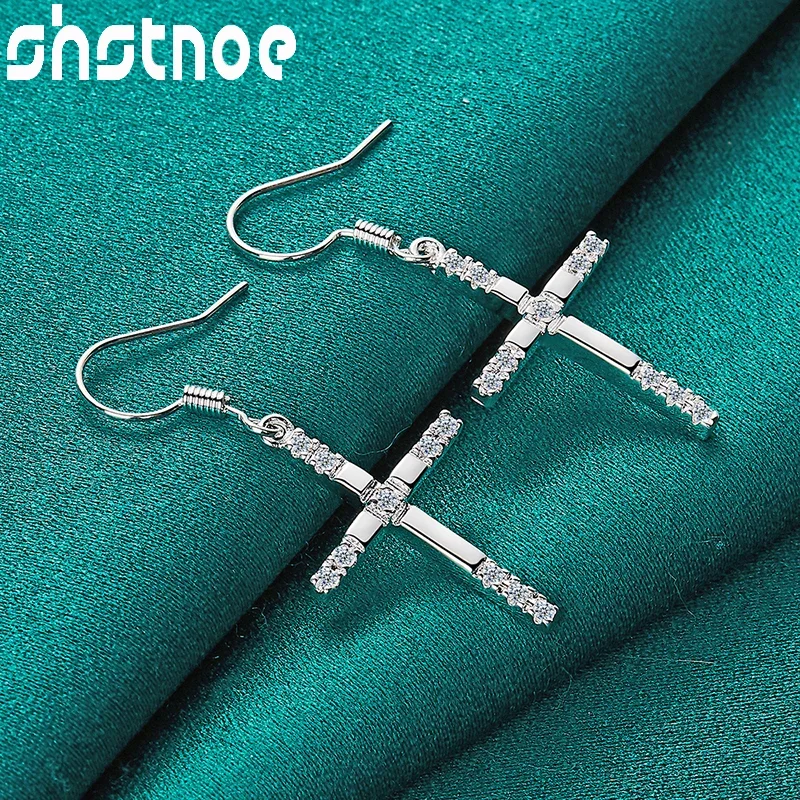 

SHSTONE 925 Sterling Silver AAA Zircon Cross Drop Earrings For Women Party Engagement Wedding Birthday Fashion Charm Jewelry