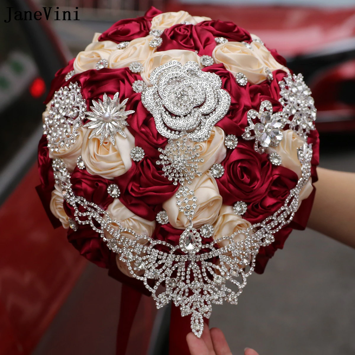 

JaneVini Gorgeous Silver Diamond Dark Red Bridal Brooch Bouquets Artificial Satin Roses European Bride Wedding Flowers Bouquet