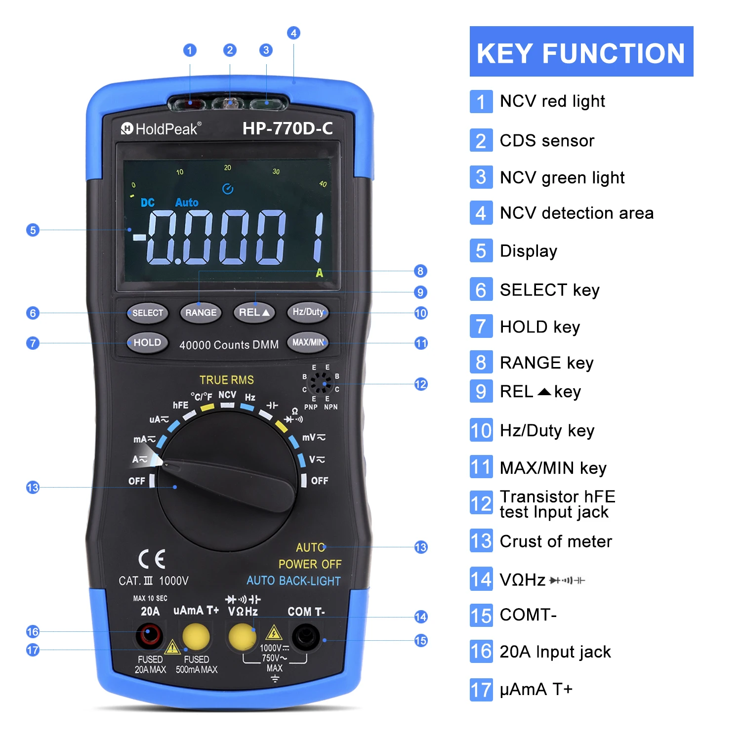 Imagem -02 - Lcd Multímetro Digital ac dc Ohm Volt Amp Capacitor Tester40000 Contagens True Rms Alcance Automático Medida Multimetro Hp770d-c