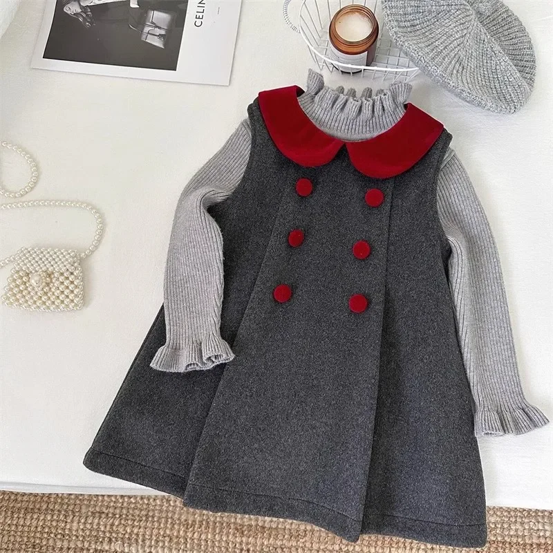 

Girls Dress Sets Spring Autumn 2025 Children Woolen Jersey Sweaters Tops Vest Dress 2pcs Party Clothes For Baby Girl Outfits Kid