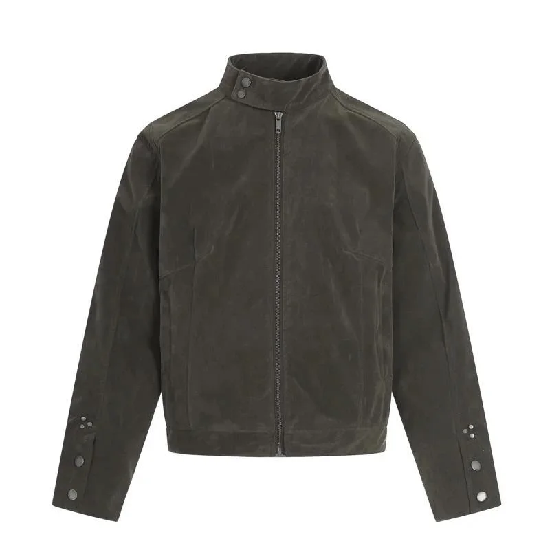American Retro Deconstructive Design Suede Men's Jacket Solid Stand Collar Long Sleeves Loose Coats 2026 Spring New DSE3