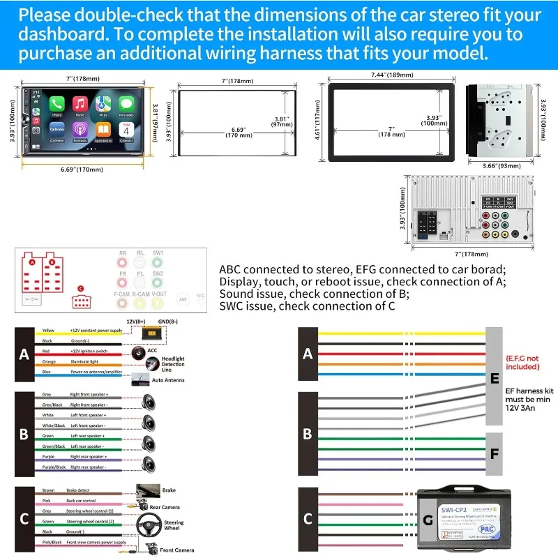 [Upgrade Wireless] 7" Double Car Radio with Wireless CarPlay and Android Auto, Bluetooth 5.3 Car Play, 240W 4.2-Channe