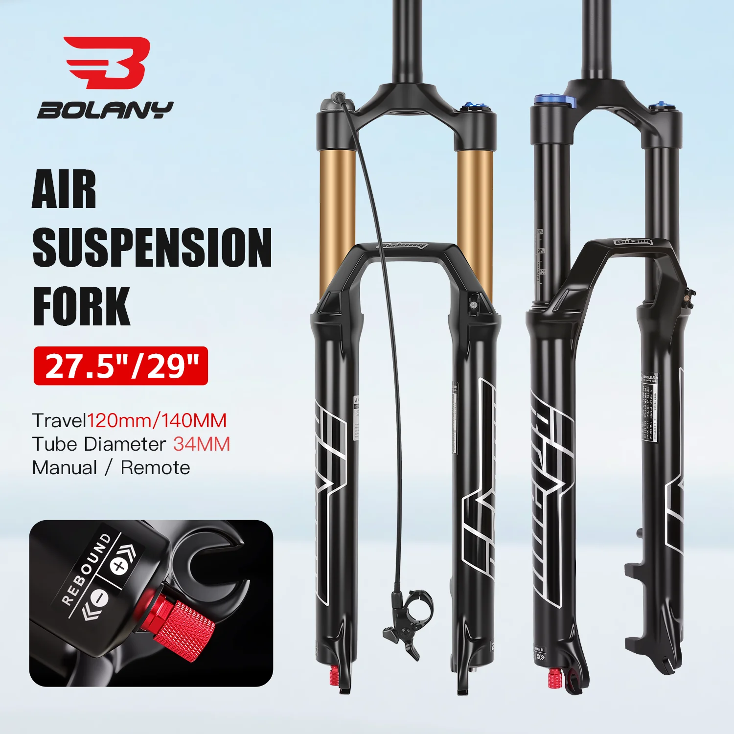 BOLANY MTB Air Fork 9x100mm QR Air Bicycle Front Suspension Straight Steering Tube 120 Travel 27.5/29inch Air Oil Fork for MTB