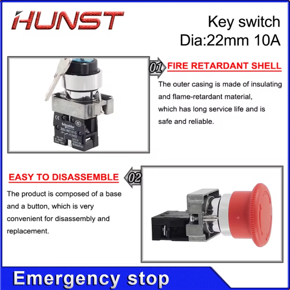 Hunst 비상 정지 버튼 NC 키 스위치 CO2 레이저 조각 절단기 용 AC15 10A 없음