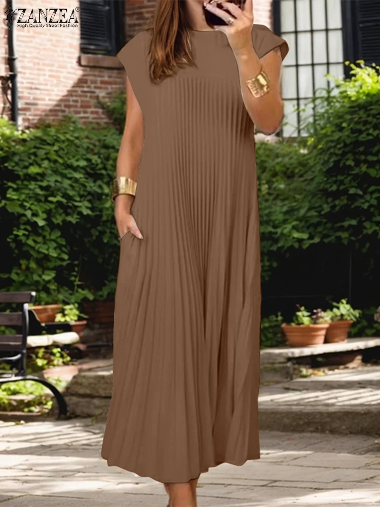 2024 ZANZEA Sommer Frauen Casual Kleid Mode Kurzarm Solide Plissee Sommerkleid Elegante Party Kleider Lose Urlaub Vestido