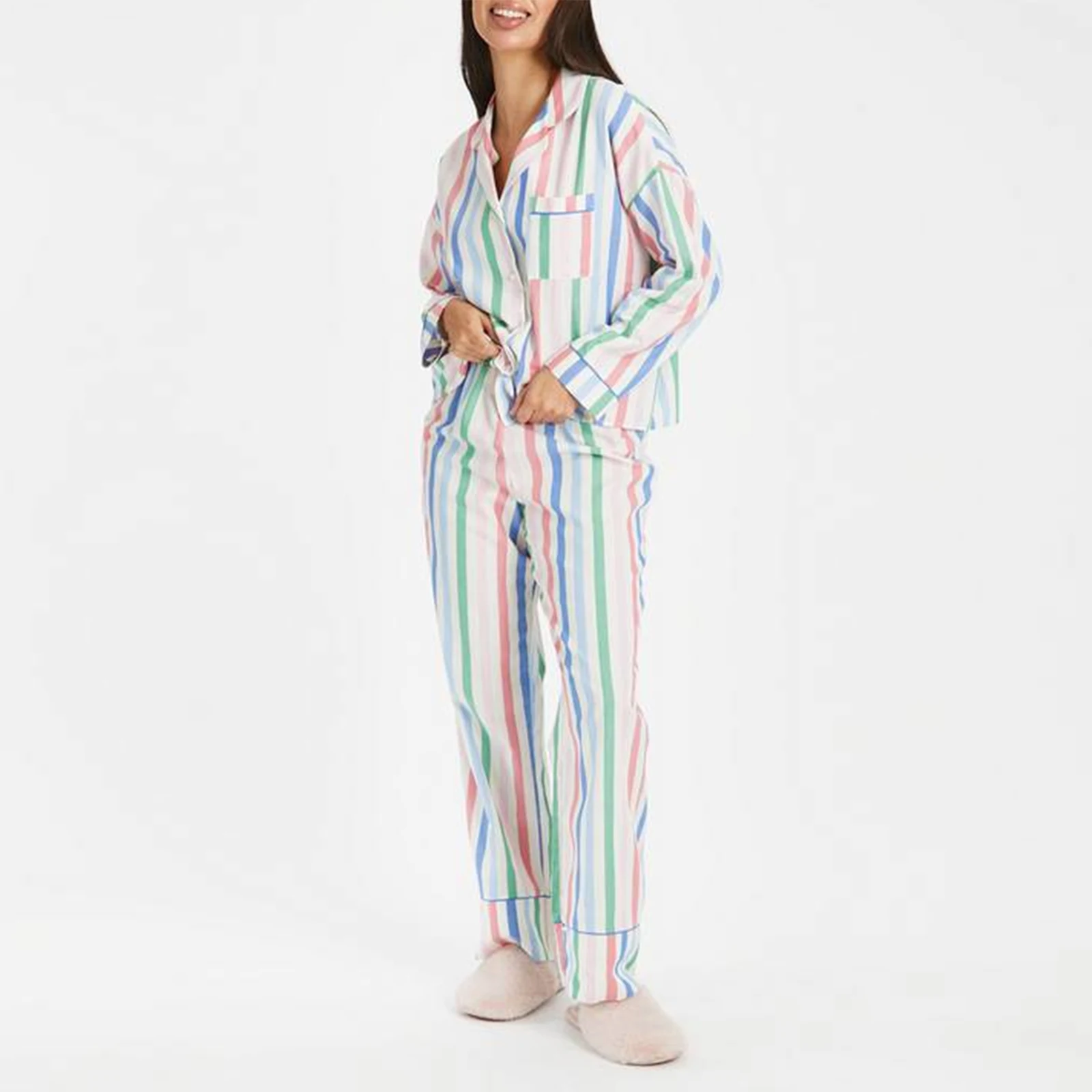 HEZIOWYUN Women's Pajamas Set Stripe Print Button-Down Long Sleeve Lapel Collar Shirts Tops and Pants 2 Piece Loungewear Outfits