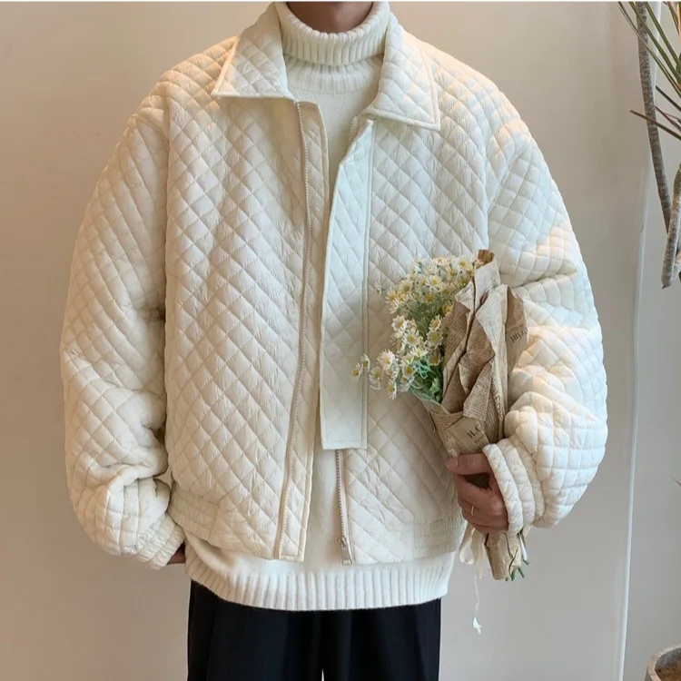 2025 Winter Man Coat Simple Solid Color Plaid Loose Male Outerwear Turn Down Collar Long Sleeve Casual Soft Men Down Jacket