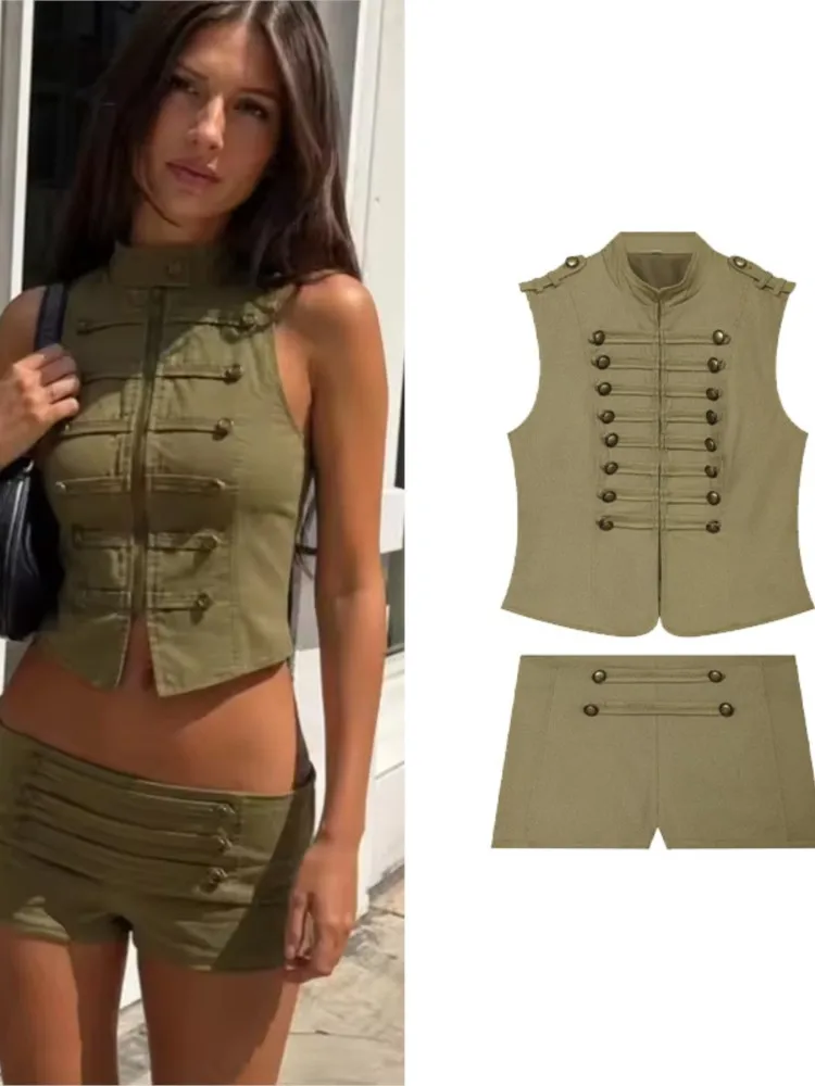 Women's Shorts Set New 2026 Summer High Neck Waistcoat with Button Mid Waist Mini Shorts 2 Piece Set Female Outfit