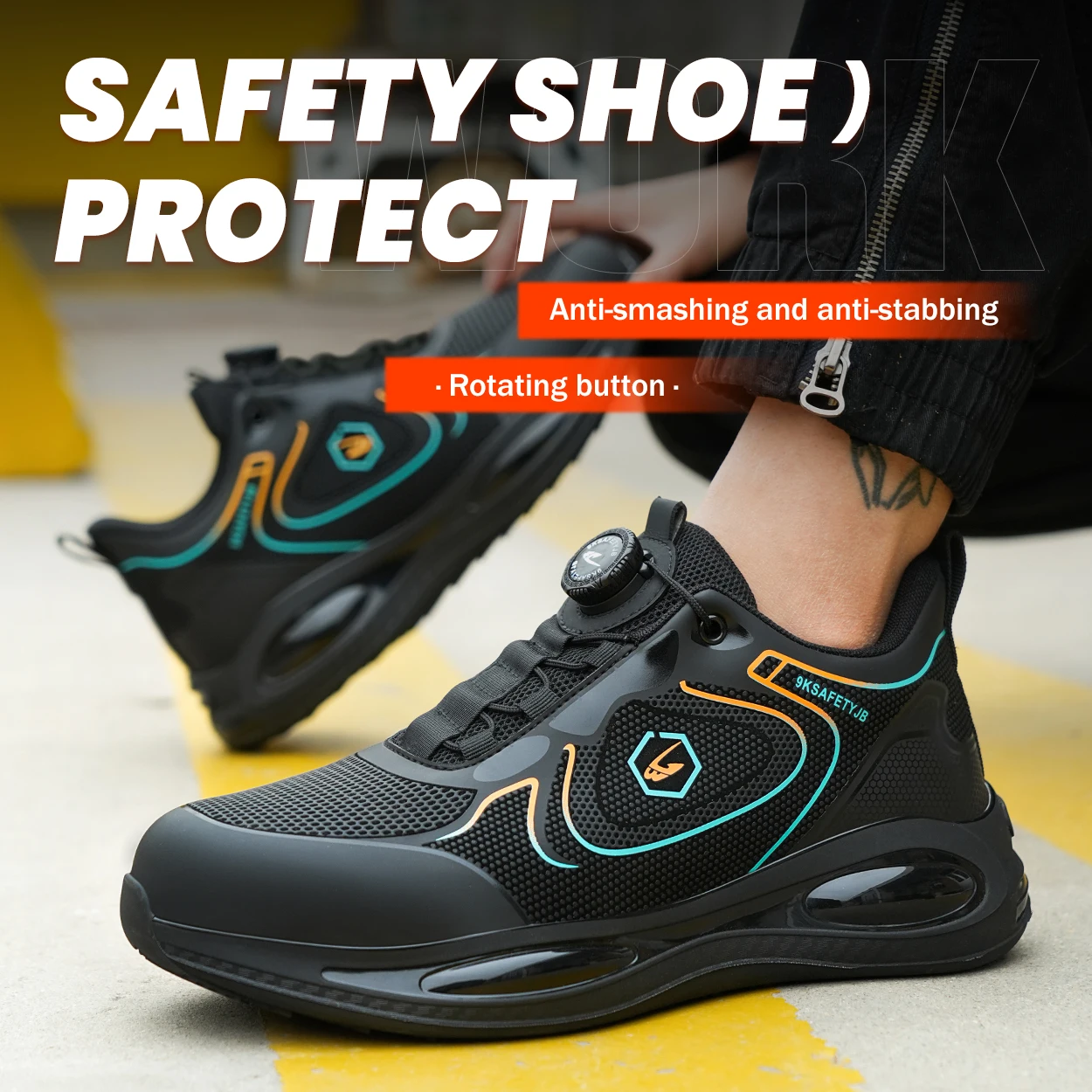 Rotary Button Lace Free Safety Shoes Men\'s Lightweight Work Shoes Comfortable Smashproof Steel Toe Industrial Safety Boots Sneak