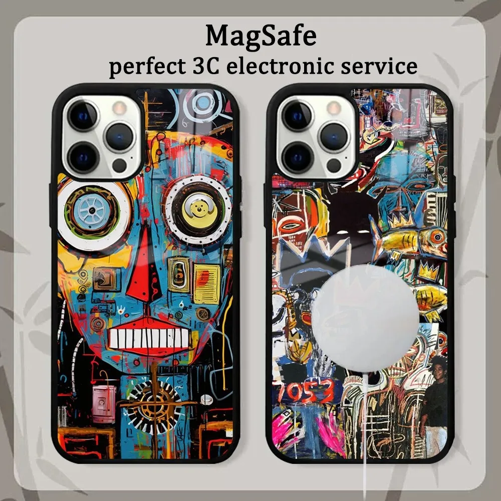 J-Jean-M-Michel B-BasquiatS Art Phone Case For iPhone16 15 14 13 12 11 Pro Max Plus Mini Mirror Magnetic Cover