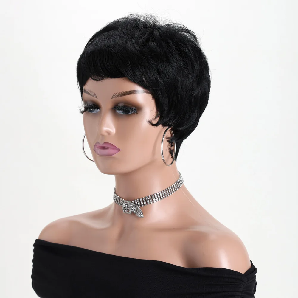 10 Inch Short Curly Synthetic Wig Black with Bangs for Women Fluffy Heat Resistant Daily Use Wigs