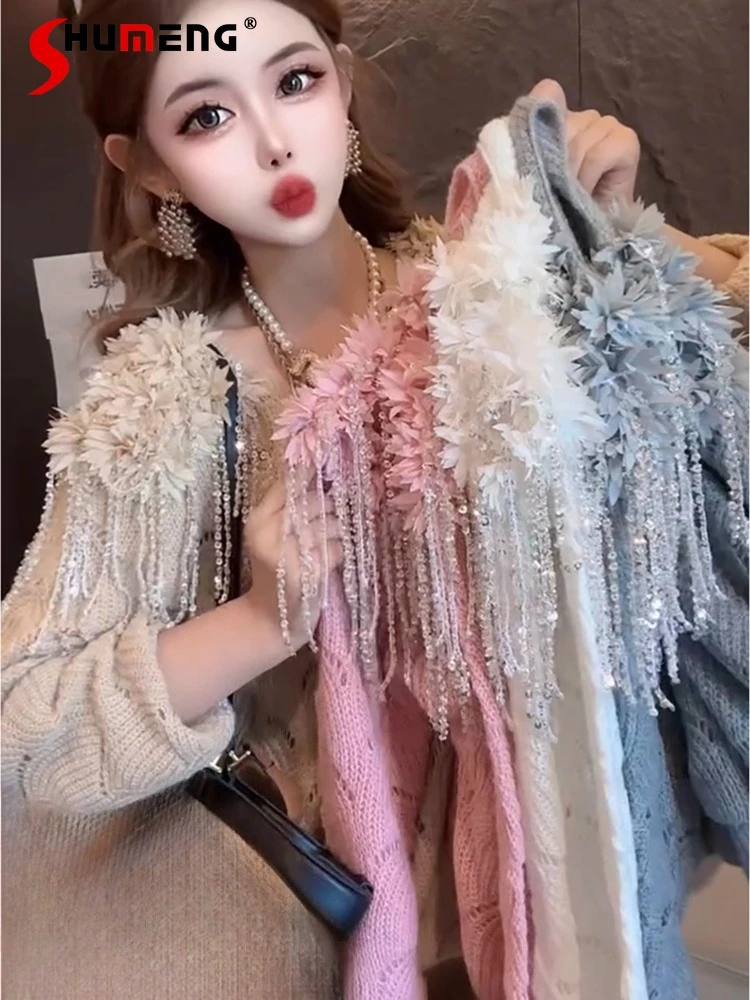 

Fashion Beaded Tassel Hollow Out Knit Sweaters Women 2025 Autumn New Loose Comfort Top Three-Dimensional Petal Pullover Sweaters