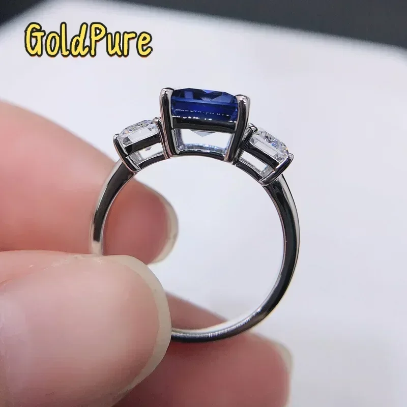 Anillo de Oro Blanco de 18K Goldpure con Platino PT950 y Diamantes Azules Esmeralda, Anillo de Moda de Alta Gama con Forma de Triple Diamante, Regalo para San Valentín