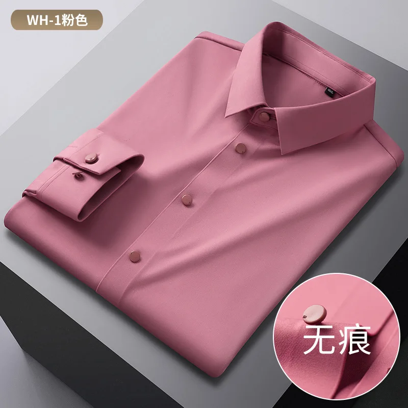 High-end all-season color face high elastic seamless long-sleeved shirt men's drape silky non-iron business casual shirt