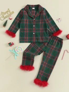 Winter Plaid Pajama Set with Faux Fur Trim 1