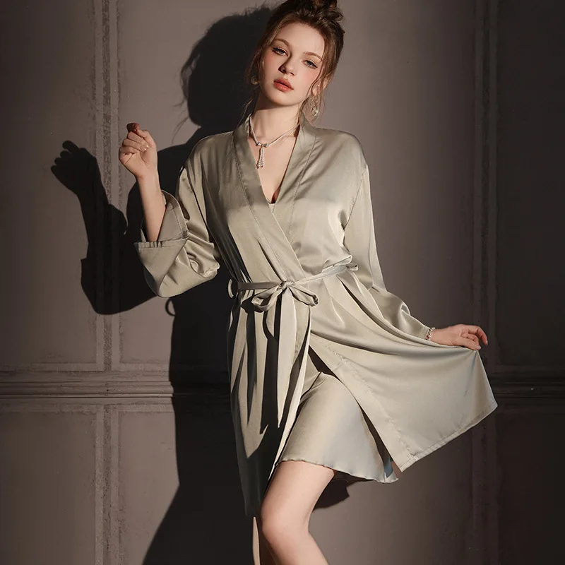 High Quality Classic Solid Nightgowns Women Summer Sexy Nightdress Elastic Satin Pajamas Female Ice Silk 2pcs Suit Nightwear - Image 3