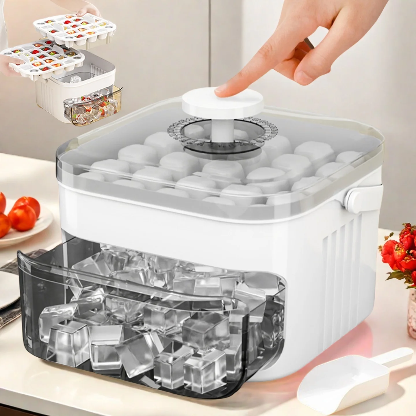 Double Layer Ice Cube Maker Tray with Cover and Container, Portable Pull-out Ice Drawer, Multifunctional Kitchen Storage Gadgets