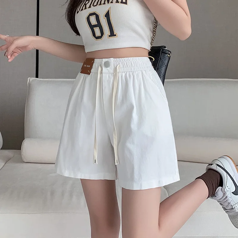 Korean Fashion Summer New Women's Elastic Waist Drawstring Pocket Simplicity Versatile High Waist Loose A-line Wide Leg Shorts