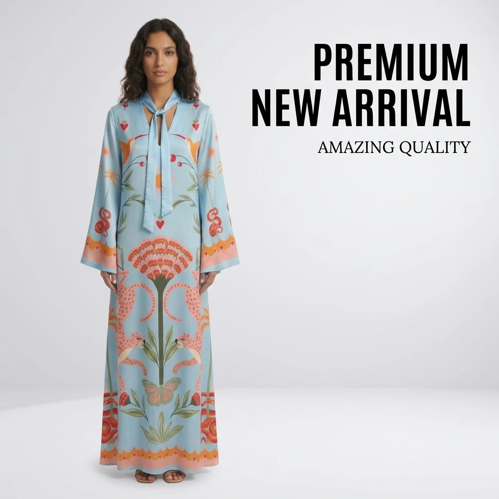 Maxi Dress for Women Long Sleeve Printed Satin Tie Neck Loose Kaftan Long Dress