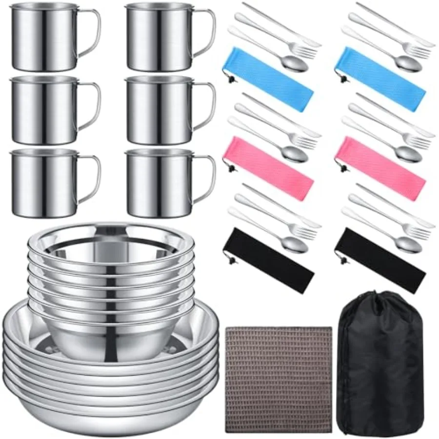 

Outdoor Camping Cookware Mess Kit Polished Stainless Steel Dishes Camping Utensils Portable Tableware with Plates Cups Spoons F