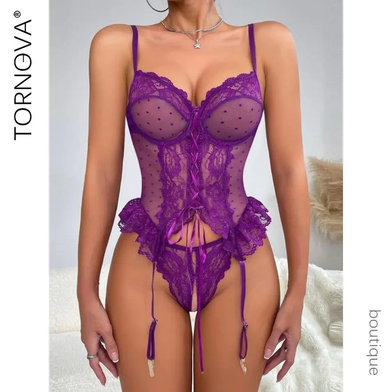 

Tornova Sexy Lingerie Suit for Women Pure Horny Hollow Suit Open Panties Perspective Suit Solid Color Lace See-through Underwear