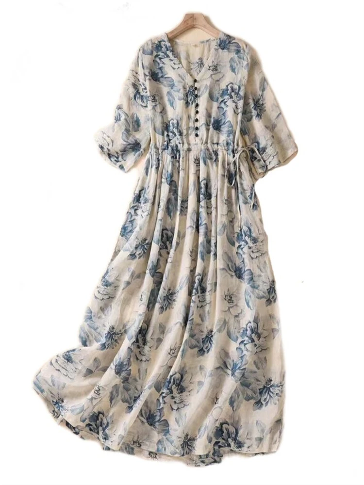 Short Sleeve Print Vintage Long Dresses For Women 2024 New Summer Fashion Casual Loose Dress Femme Robe Vestidos Elegant Clothes