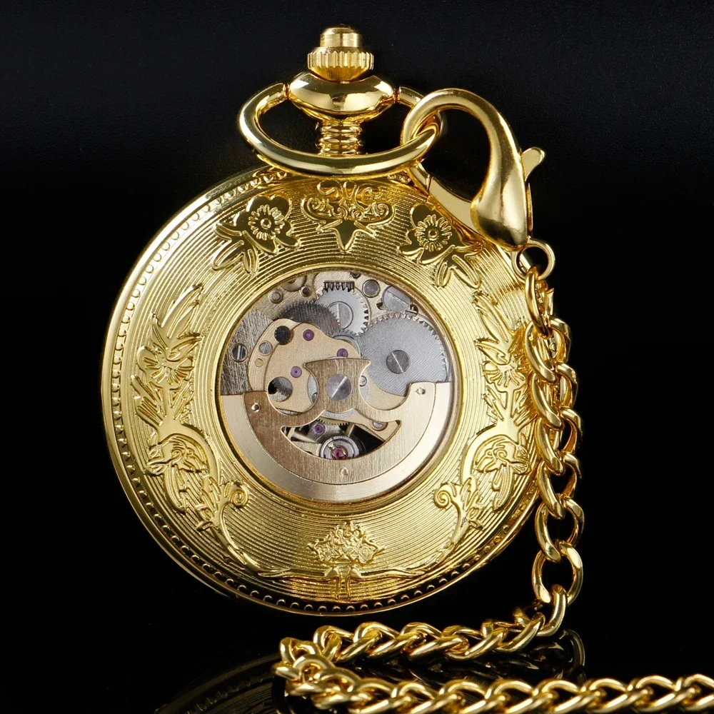 Luxury Gold โปร่งใสโรมันนาฬิกาดิจิตอล Vintage Hollow Out Case Skeleton Mens Mechanical นาฬิกาพ็อกเก็ต