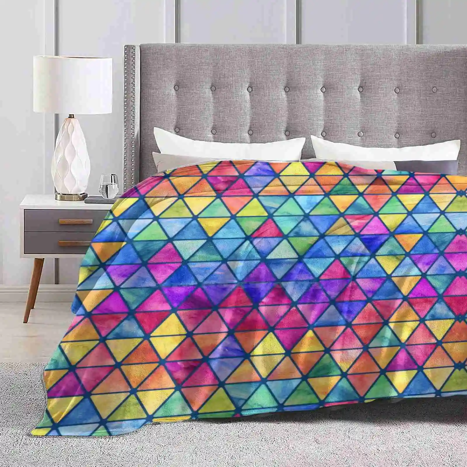 Little Rainbow Watercolor Triangles On Navy Blue Creative Design Light Thin Soft Flannel Blanket Red Blue Green Yellow Orange