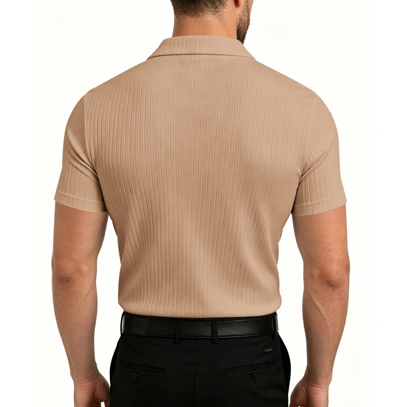 Herren 1-teiliges Gestricktes V-Ausschnitt Kurzarm Slim-Fit Atmungsaktives Eisseide Schnelltrocknendes Golf Business Casual Poloshirt – Detail 9
