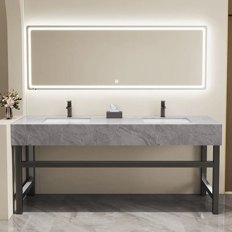 Modern Bathroom Cabinet Public Toilet Sink Double Ceramic Basin Marble Sink Integrated Floor Bathroom Cabinet Wash Furniture