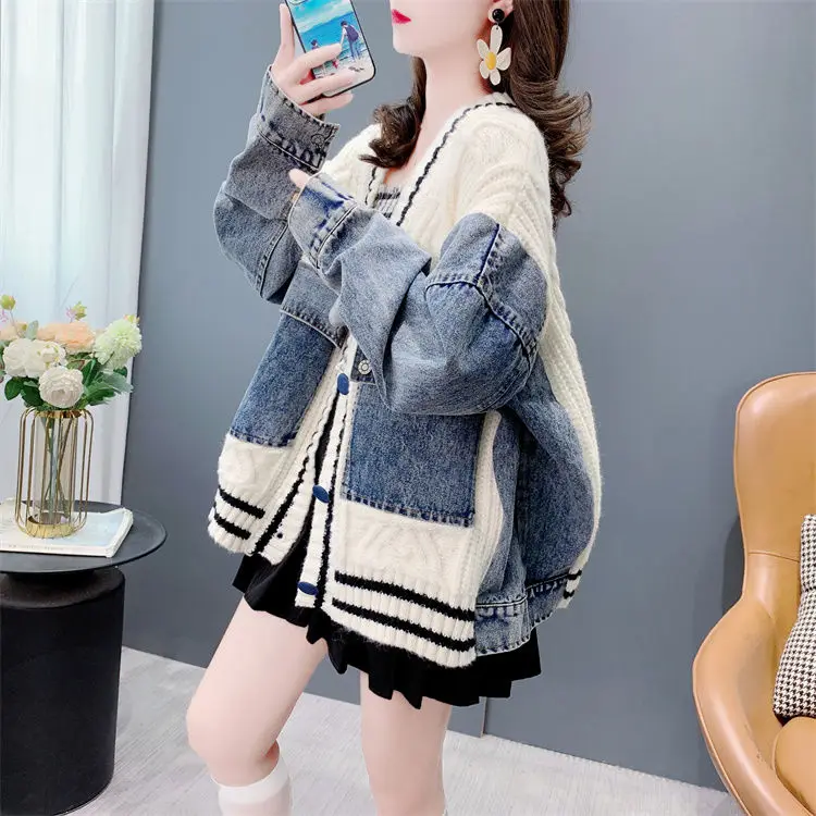 Denim Patchwork Sweater Cardigan Loose Lazy Women'S 2024 Autumn New Retro All-Match Jacket Trendy Top