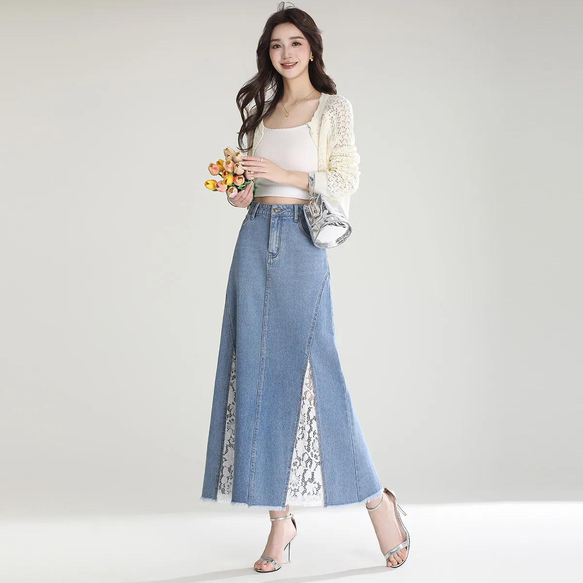 LOUIS YAO 2025 Spring Lace Splicing Denim Skirt Retro High Waist Style Long Half length Skirt Women's Skirt